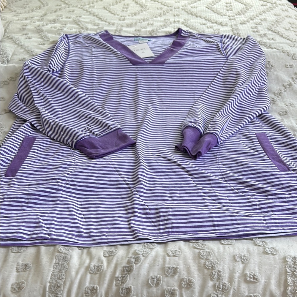 Purple and White Striped V-Neck Top